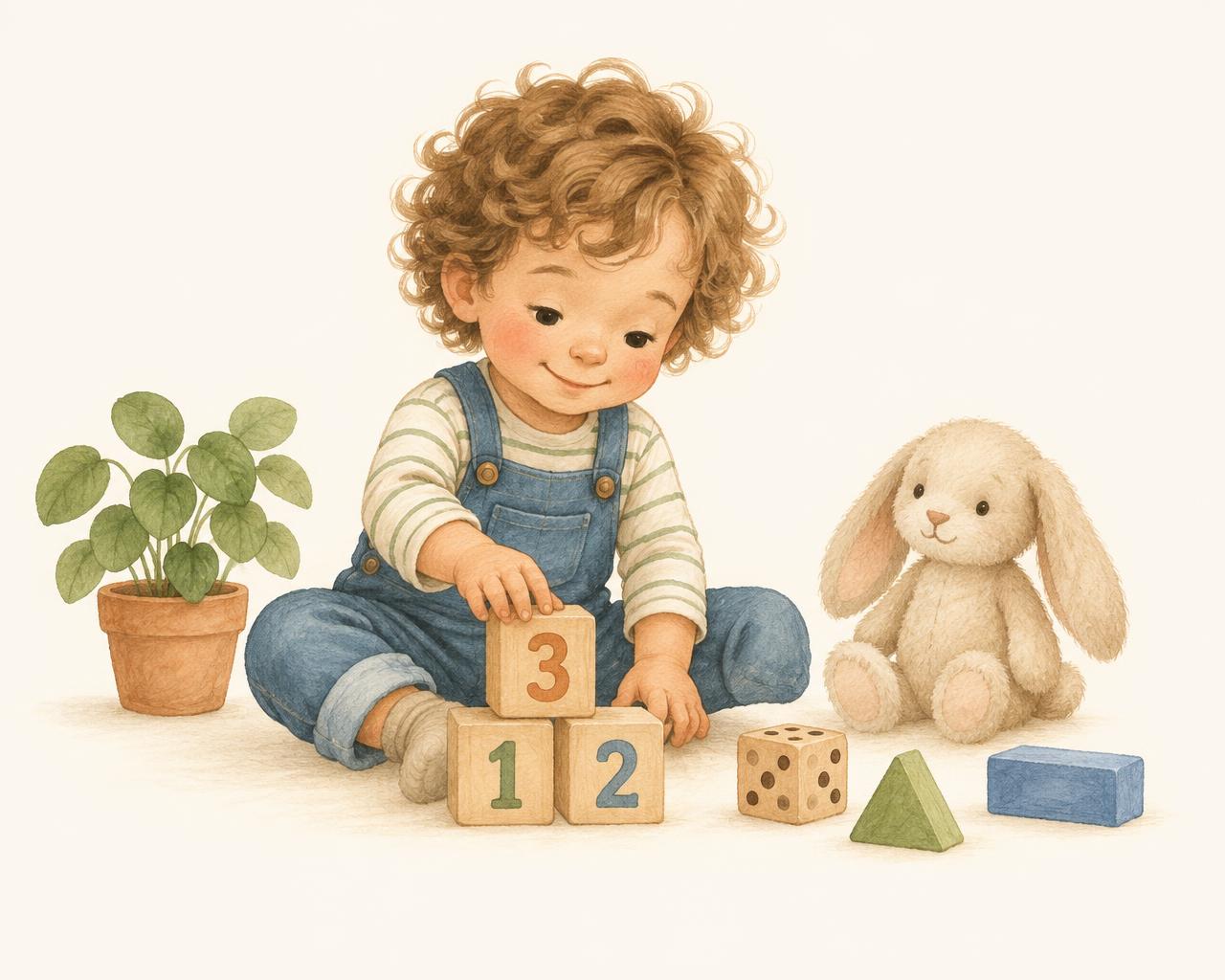 Illustration eines Kindes, das mit Holz-Zahlenblöcken, Würfeln und geometrischen Formen spielt