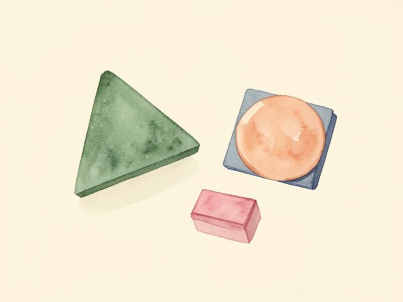Aquarell-Illustration eines grünen Dreiecks, eines blauen Vierecks, eines Kreises und eines Rechtecks