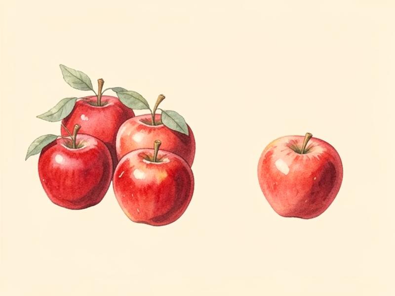 Aquarell-Illustration von vier Äpfeln neben einem einzelnen Apfel