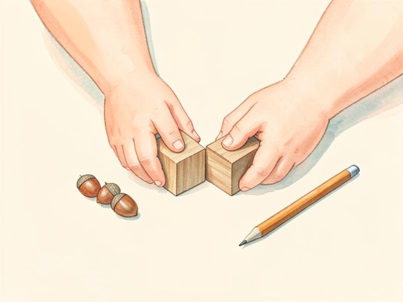 Aquarell-Illustration von Kinderhänden, die zwei Holzwürfel zusammenschieben