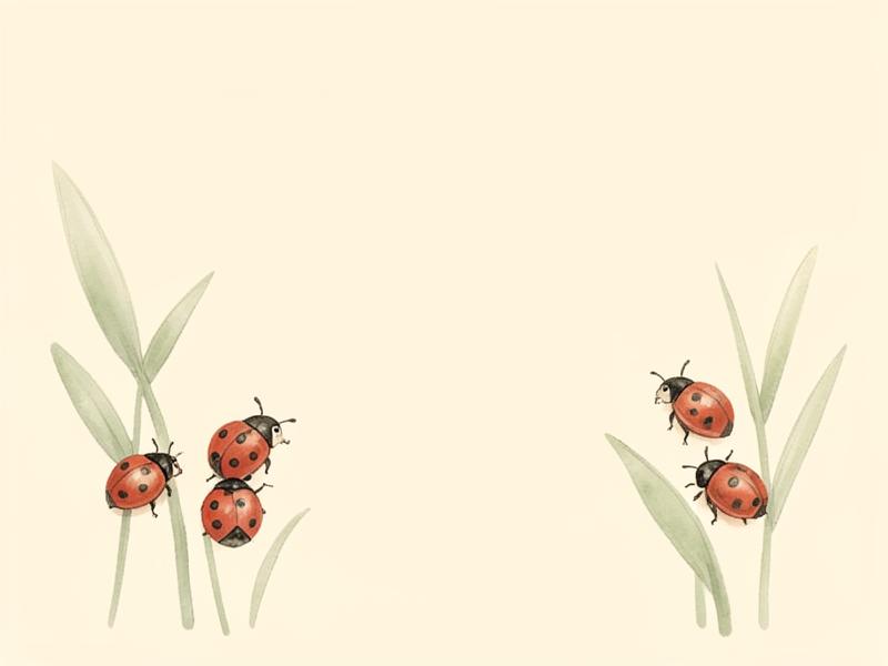 Aquarell-Illustration von fünf Marienkäfern zwischen Grashalmen