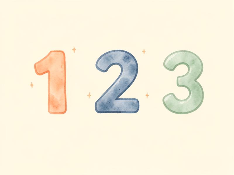 Aquarell-Illustration der Ziffern 1, 2 und 3 in Apricot, Blau und Grün